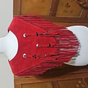 Vintage Luxurious Red Suede Leather Fringed Mini Poncho Featuring Concho Accents